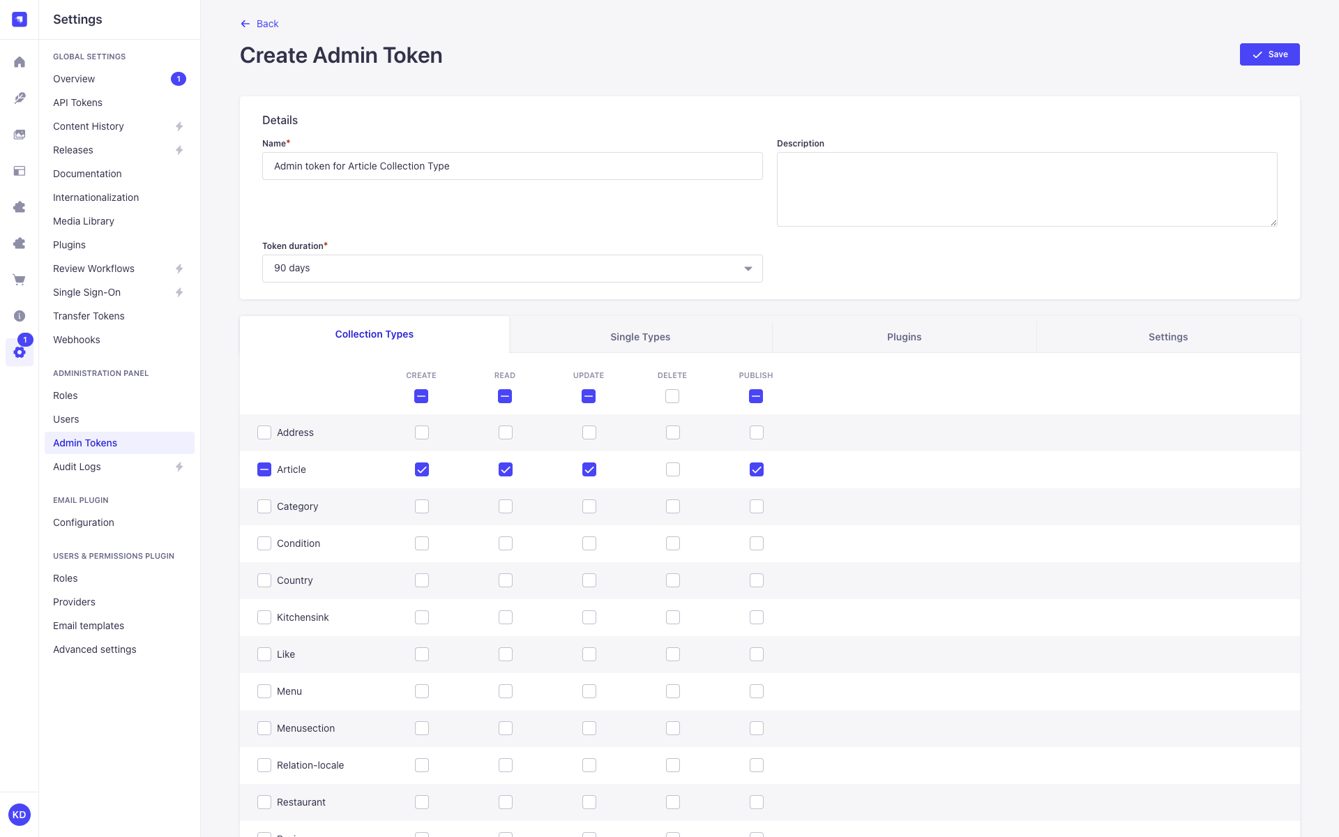 Admin token permissions
